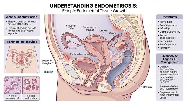 Unveiling the silent struggle of endometriosis an intricate medical illustration detailing ectopic endometrial tissue growth and its impact