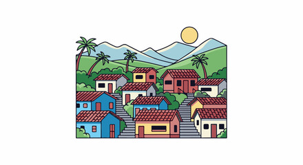 Naklejka premium Colorful houses climb a hillside under a bright sun and distant mountains
