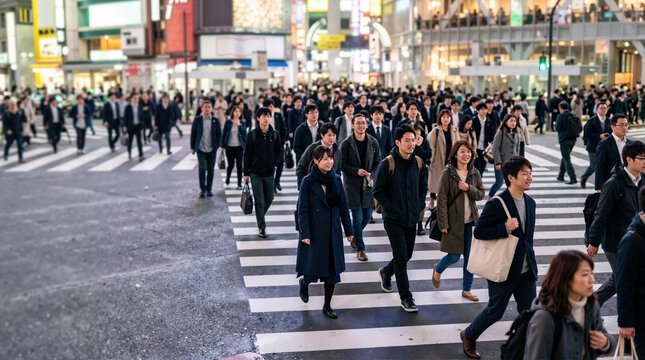 Large crowd of Japanese people crossing a busy city intersection. Pedestrians in business attire walking on a crosswalk during evening rush hour. Urban metropolitan lifestyle concept
