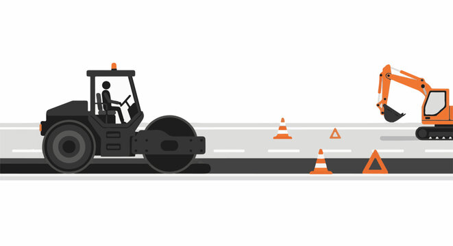 Construction scene with a compactor and excavator on a road with traffic cones