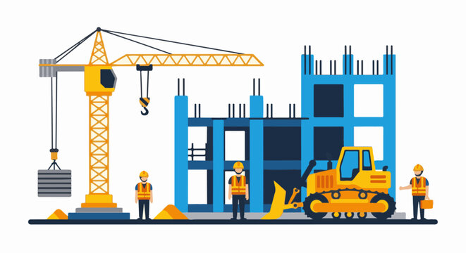 Construction site with crane, bulldozer, workers, and building under development
