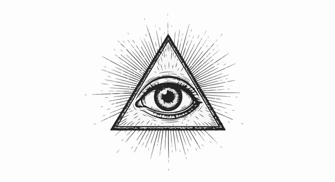 An all-seeing eye within a radiant triangle, drawn with a vintage, engraved style