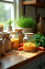 Fototapeta premium Grains and vegetables on kitchen counter. Jars hold pasta and lentils. Carrots and herbs ready for cooking. Natural light streams through window.
