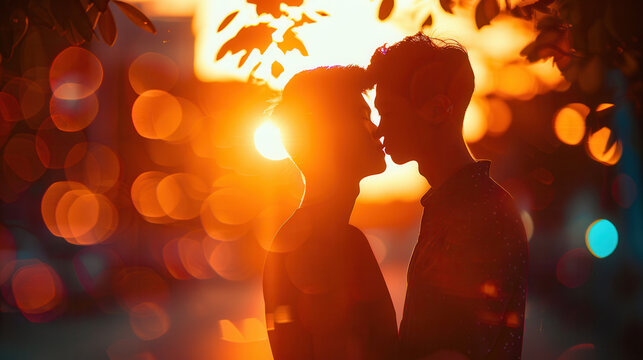 Gay couple silhouette sharing tender sunset moment with glowing city lights