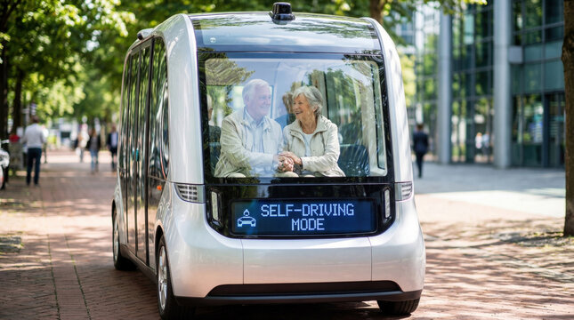 Happy senior couple riding autonomous shuttle on tree lined smart city street