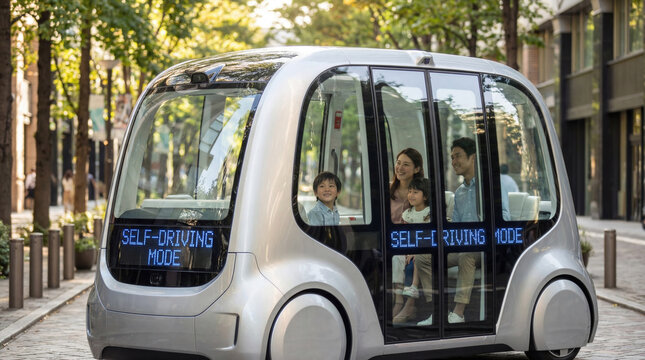 Happy family riding in autonomous self driving shuttle in green city