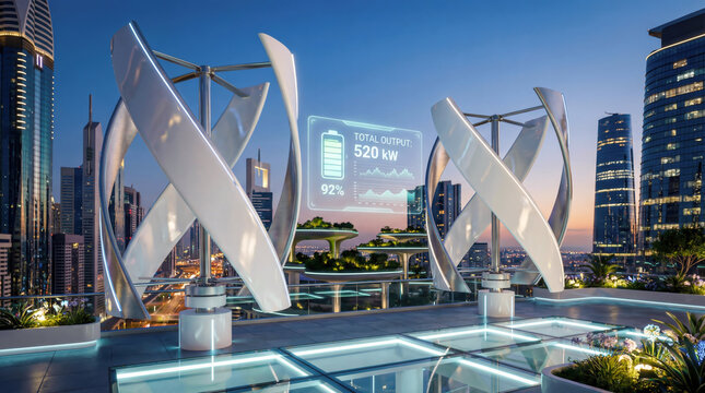 Modern rooftop wind turbines with smart energy display in city skyline