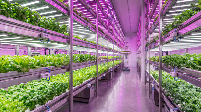 Modern indoor vertical farm with LED lights growing fresh leafy greens