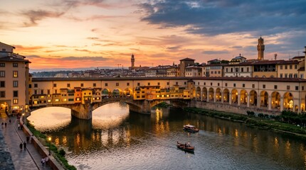 Fototapeta premium Ponte Vecchio bridge at sunset in Florence Italy