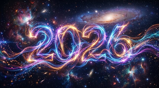 Futuristic 2026 Typography in Cosmic Space Background