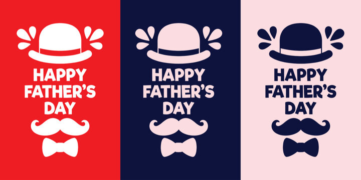 Happy Fathers Day graphic with hat and mustache on colorful backgrounds