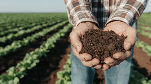 Farmer holding rich soil in hands on vibrant cropland with green rows of vegetables