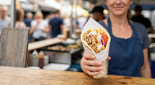 Female street food vendor holding a traditional Greek gyro pita sandwich. Fast food takeaway at an outdoor market. Copy space for text