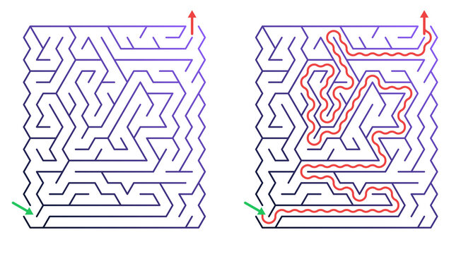 Maze with solution path in colorful lines on white background  