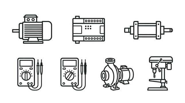 Industrial Automation and Manufacturing Equipment Line Icons Set, isolated white background