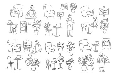Fototapeta premium Large Collection Of Hand Drawn Cafe Furniture Staff And Signage Vector Illustrations