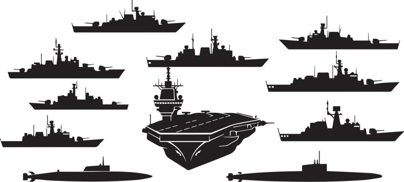Collection of various naval warship silhouettes including an aircraft carrier, destroyers, and submarines isolated on transparent background