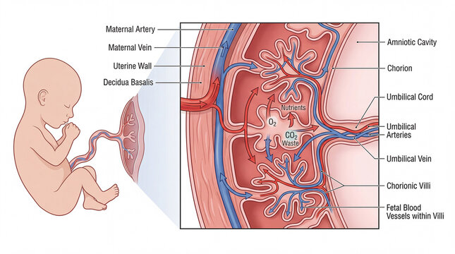 Fetal life support system revealing the intricate exchange of oxygen nutrients and waste between mother and developing baby in the placenta