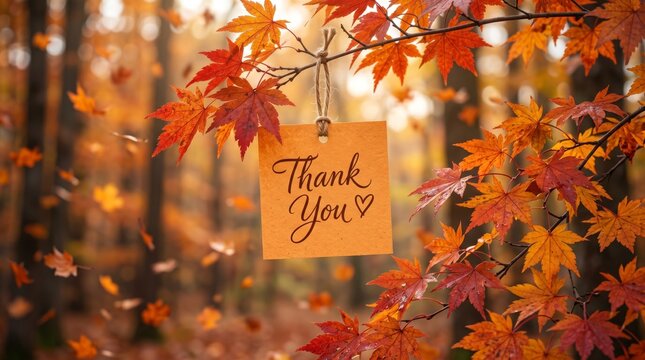 Thank You Message on a Tag Amidst Autumn Leaves.