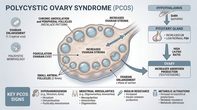 Unraveling Polycystic Ovary Syndrome a visual journey through its intricate hormonal pathways and telltale bodily signs