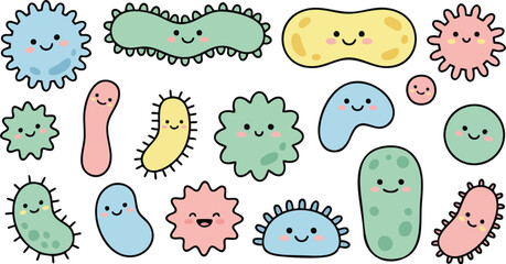 Naklejka premium Cute Bacteria Microbe Characters Set in Kawaii Style on White Background