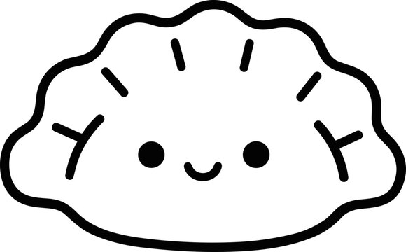 Cute Dumpling Cartoon Character, Kawaii Food Illustration, Black and White