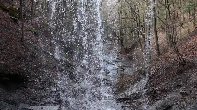 Behind the falls view of water cascading from a waterfall