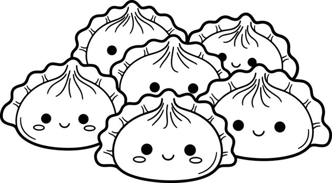 Cute Dumpling Characters with Happy Faces, Kawaii Food Illustration, Black and White