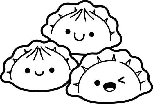 Cute Kawaii Dumpling Characters with Happy Faces - Vector Illustration
