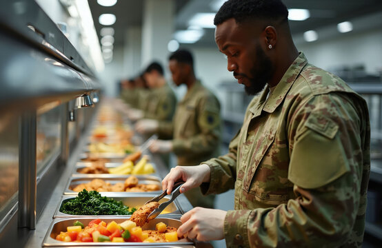 Military personnel line up in cafeteria selecting nutritious meals. Soldier uses tongs to grab grilled chicken plus fresh vegetables. Healthy food choice reflects discipline within armed forces