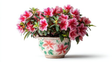 Fototapeta premium beautiful blooming flowers in ceramic pot, fresh and vibrant colors, isolated on white background, hyper realistic studio photo, canon style, 8k
