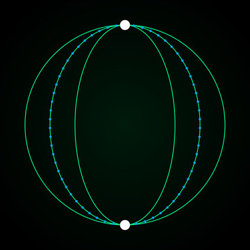 Green curved lines representing magnetic field flux connecting two white polar points in digital illustration
