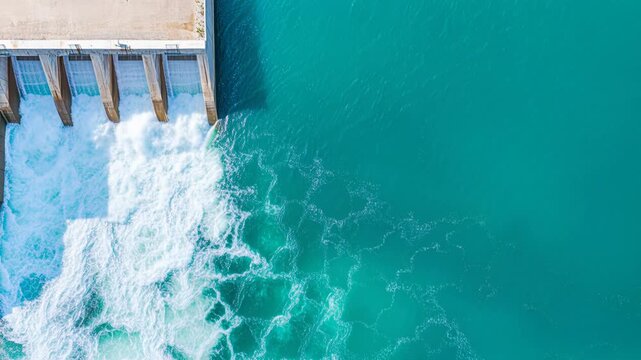 Aerial view of a hydroelectric power station dam releasing water