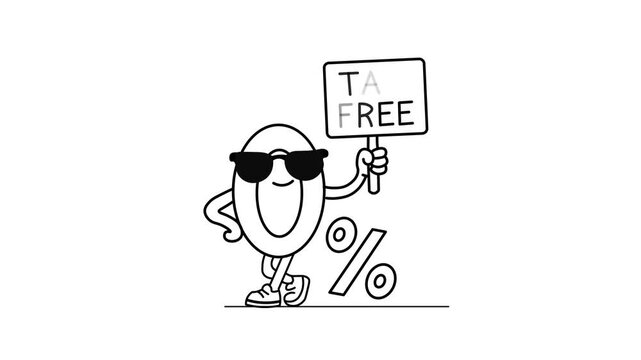 Tax Free Percentage symbol character wearing sunglasses and holding a tax free sign banner.  outline animation on clean background, exemption, discount promotion, financial campaign, and retail sale. 