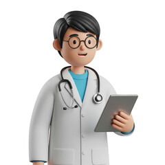 Fototapeta premium 3 d cartoon doctor holding a tablet isolated on a transparent background
