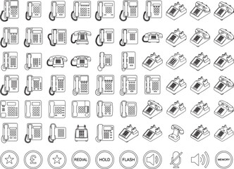 Fototapeta premium A collection of diverse telephone icons and communication symbols, illustrating various telephony devices and functions, presented in a clean, graphic style.