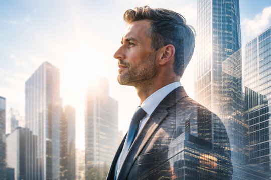 Confident businessman looking ahead with modern city backdrop