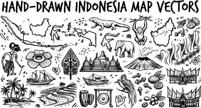 Hand-drawn Indonesia Map  Culture Vector Icons Set. Black  White Line Art Collection of Travel, Tourism, Wildlife, and Heritage Elements.