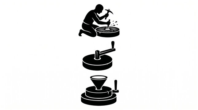 Traditional Hand Quern Stone Mill and Craftsman Vector Illustration Icon Set