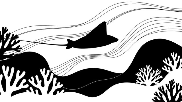 Serene underwater ballet A minimalist black and white illustration captures a graceful manta ray navigating abstract ocean currents and vibrant coral formations
