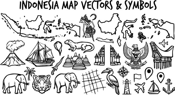 Indonesia Map Vectors  Symbols - Black  White Line Art Collection of Travel, Culture, and Geography Icons
