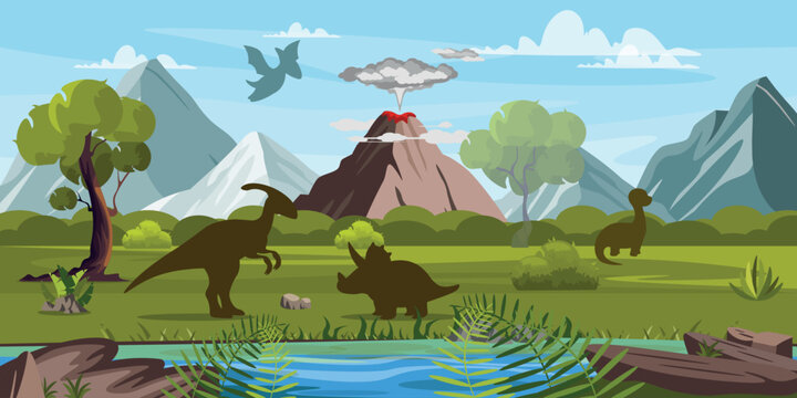 Vector illustration of an amazing prehistoric landscape. Cartoon scene of the Mesozoic era with various types of dinosaurs, volcanic eruption, mountains, river, rocks, plants, grass, bushes, sky.