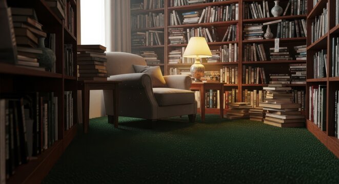 A warm and inviting library corner featuring a plush armchair surrounded by towering bookshelves filled with literature, illuminated by a soft table lamp.