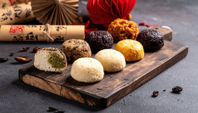Assorted Nian Gao Rice Cakes in Various Textures and Shapes, Presented on a Rustic Wooden Board with Festive Accents.