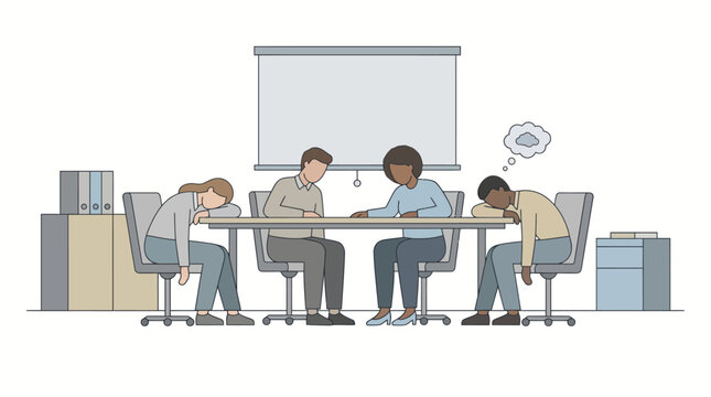 Exhausted Business People Sleeping During Unproductive Meeting in Office Conference Room in Bright Studio.