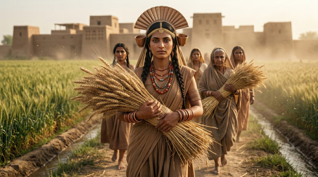 Ancient women harvesting wheat in a field with traditional clothing and headdresses