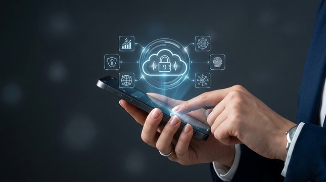 Business professional using smartphone with secure cloud computing data protection interface
