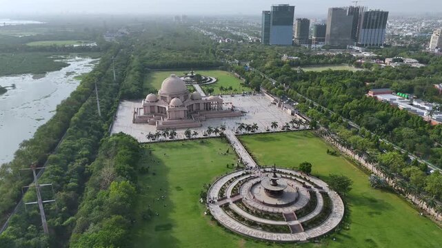 Drone Aerial View of Ambedkar Memorial and Noida Cityscape, India