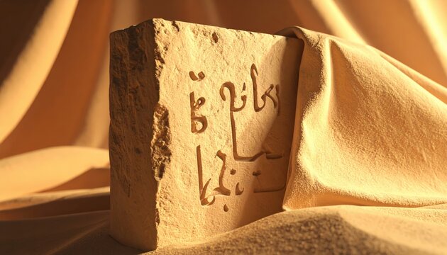 Fragment of sandstone relief with ancient Meroitic script carved vertically, draped with cloth
