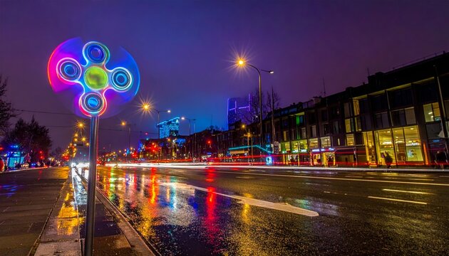 Giant Fidget Spinner Lamp Post Illuminates Rainy City Street at Night